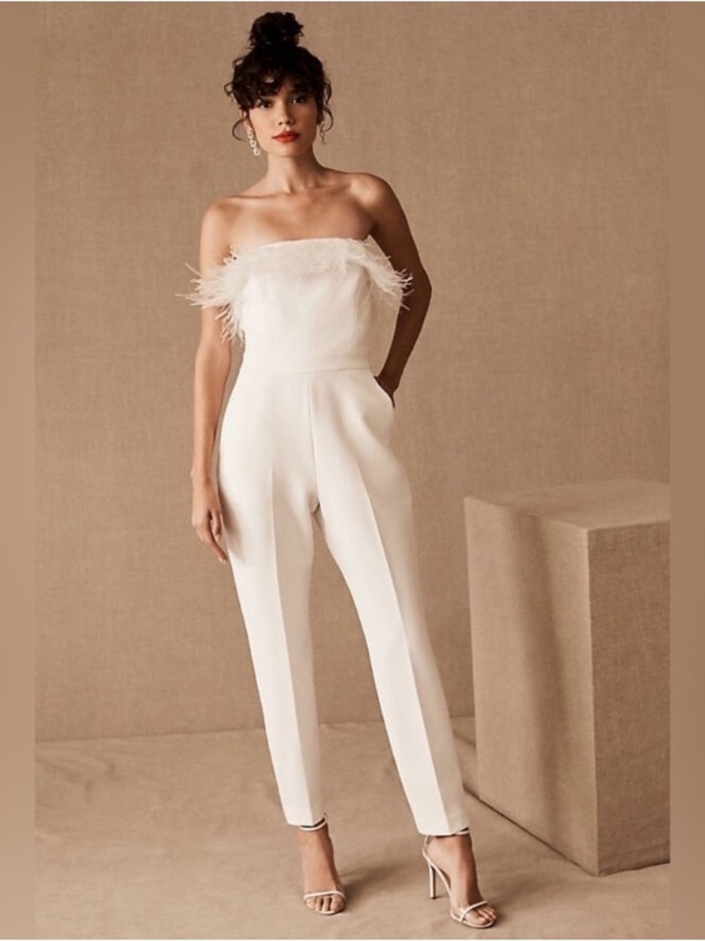 SAYLOR Strapless Feather-Trim White Jumpsuit - Lined